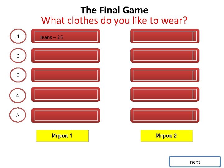 The Final Game What clothes do you like to wear? 1 Jeans – 26