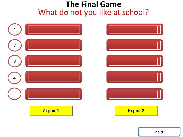 The Final Game What do not you like at school? 1 2 3 4