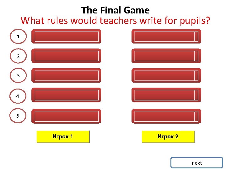 The Final Game What rules would teachers write for pupils? 1 2 3 4