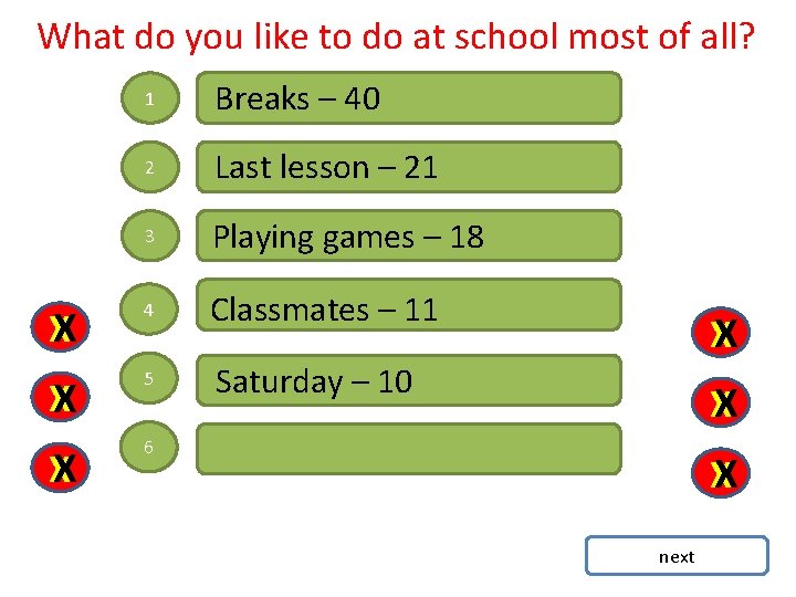 What do you like to do at school most of all? 1 Breaks –