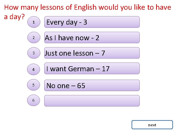 How many lessons of English would you like to have a day? 1 Every