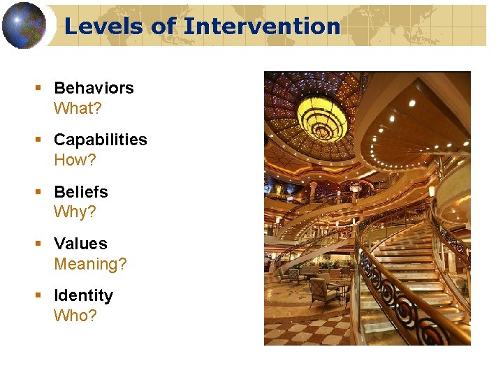 Levels of Intervention § Behaviors What? § Capabilities How? § Beliefs Why? § Values