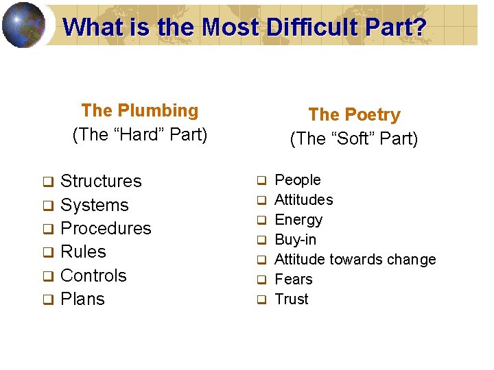 What is the Most Difficult Part? The Plumbing (The “Hard” Part) q q q