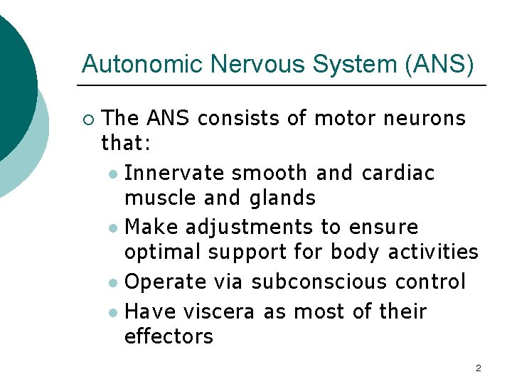 Autonomic Nervous System (ANS) ¡ The ANS consists of motor neurons that: l Innervate