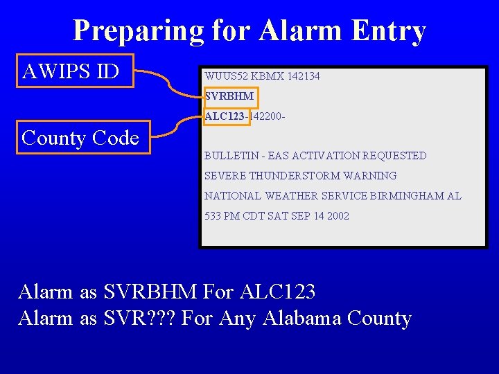 Preparing for Alarm Entry AWIPS ID WUUS 52 KBMX 142134 SVRBHM ALC 123 -142200 Preparing for Alarm Entry AWIPS ID WUUS 52 KBMX 142134 SVRBHM ALC 123 -142200