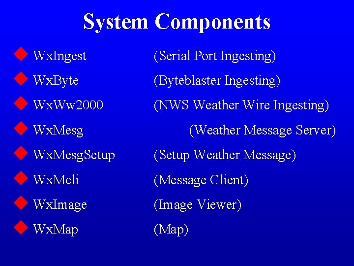 System Components u Wx. Ingest u Wx. Byte u Wx. Ww 2000 u Wx. System Components u Wx. Ingest u Wx. Byte u Wx. Ww 2000 u Wx.