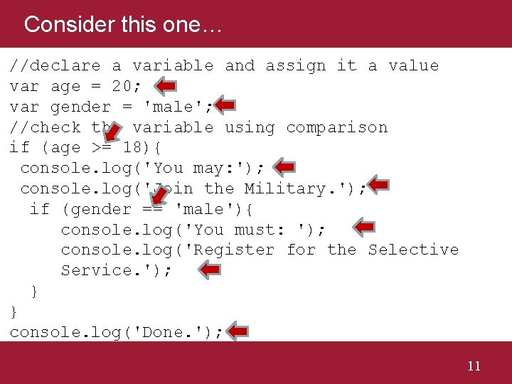 Consider this one… //declare a variable and assign it a value var age =