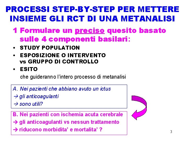 PROCESSI STEP-BY-STEP PER METTERE INSIEME GLI RCT DI UNA METANALISI 1 Formulare un preciso