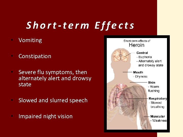 Short-term Effects • Vomiting • Constipation • Severe flu symptoms, then alternately alert and