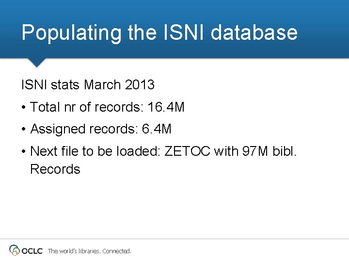 Populating the ISNI database ISNI stats March 2013 • Total nr of records: 16. Populating the ISNI database ISNI stats March 2013 • Total nr of records: 16.