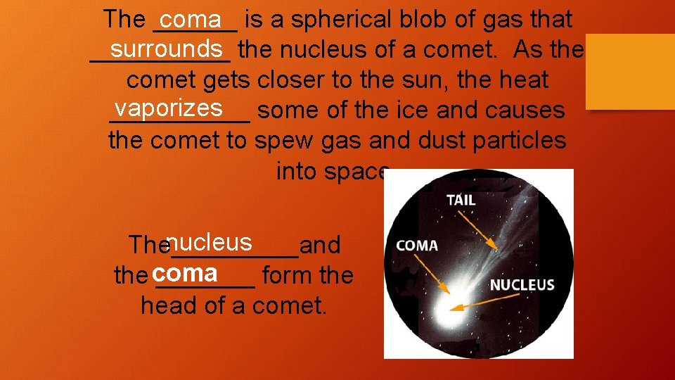 coma is a spherical blob of gas that The ______ surrounds the nucleus of