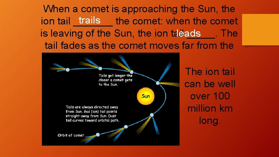 When a comet is approaching the Sun, the trails ion tail _______ the comet: