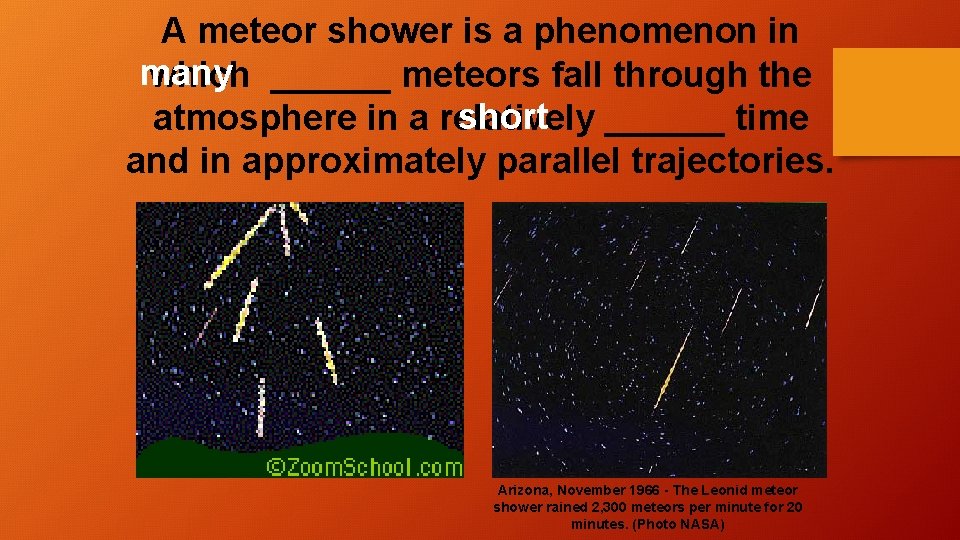 A meteor shower is a phenomenon in many which ______ meteors fall through the