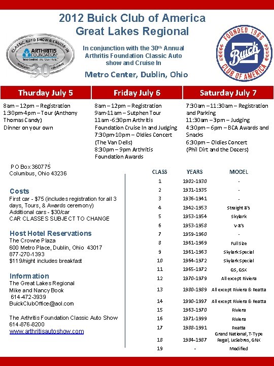 2012 Buick Club of America Great Lakes Regional In conjunction with the 30 th