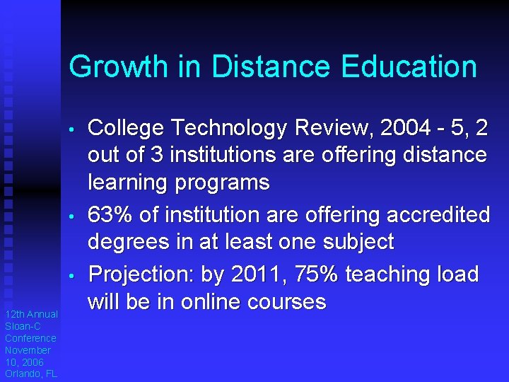 Growth in Distance Education • • • 12 th Annual Sloan-C Conference November 10, Growth in Distance Education • • • 12 th Annual Sloan-C Conference November 10,