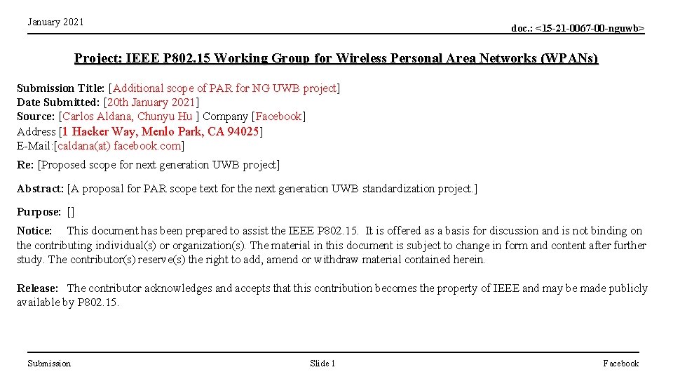 January 2021 doc. : <15 -21 -0067 -00 -nguwb> Project: IEEE P 802. 15