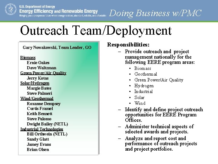 Doing Business w/PMC Outreach Team/Deployment Gary Nowakowski, Team Leader, GO Biomass Ernie Oakes Dave