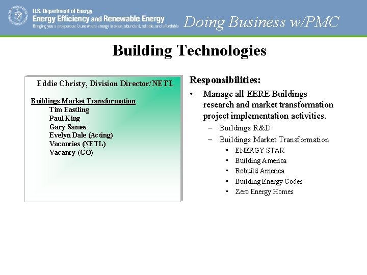 Doing Business w/PMC Building Technologies Eddie Christy, Division Director/NETL Buildings Market Transformation Tim Eastling