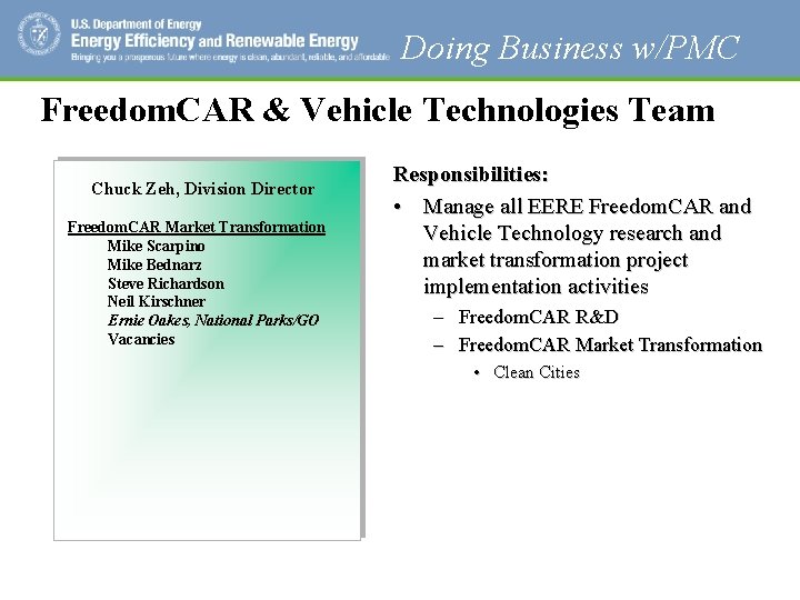 Doing Business w/PMC Freedom. CAR & Vehicle Technologies Team Chuck Zeh, Division Director Freedom.