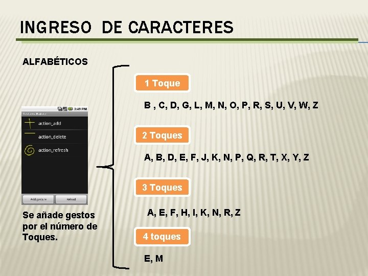 INGRESO DE CARACTERES ALFABÉTICOS 1 Toque B , C, D, G, L, M, N,