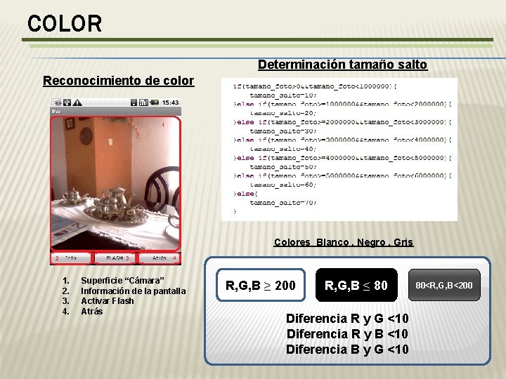 COLOR Determinación tamaño salto Reconocimiento de color Colores Blanco , Negro , Gris 1.