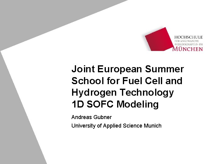 Joint European Summer School for Fuel Cell and Hydrogen Technology 1 D SOFC Modeling