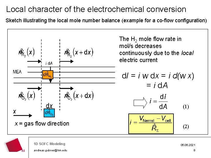 Local character of the electrochemical conversion Sketch illustrating the local mole number balance (example