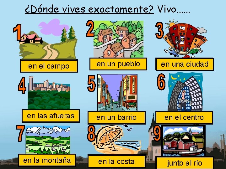 ¿Dónde vives exactamente? Vivo…… __ en el el c_____ campo __ en u_ un