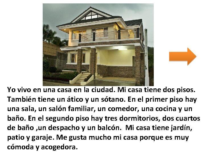 Yo vivo en una casa en la ciudad. Mi casa tiene dos pisos. También