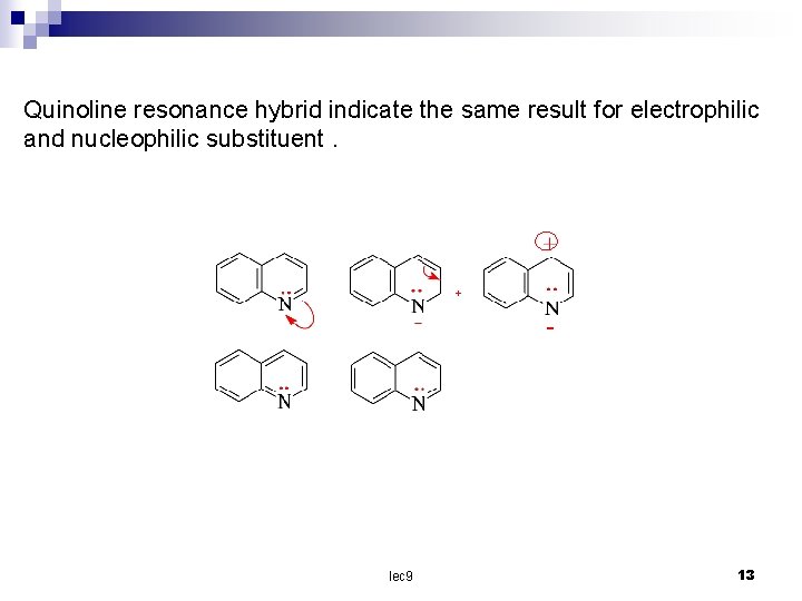 Quinoline resonance hybrid indicate the same result for electrophilic and nucleophilic substituent. + lec