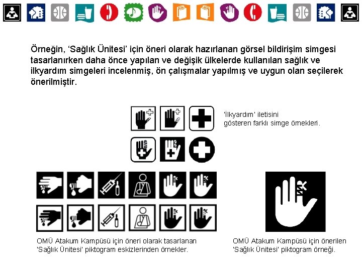 Örneğin, ‘Sağlık Ünitesi’ için öneri olarak hazırlanan görsel bildirişim simgesi tasarlanırken daha önce yapılan