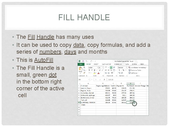 FILL HANDLE • The Fill Handle has many uses • It can be used