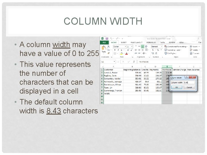 COLUMN WIDTH • A column width may have a value of 0 to 255