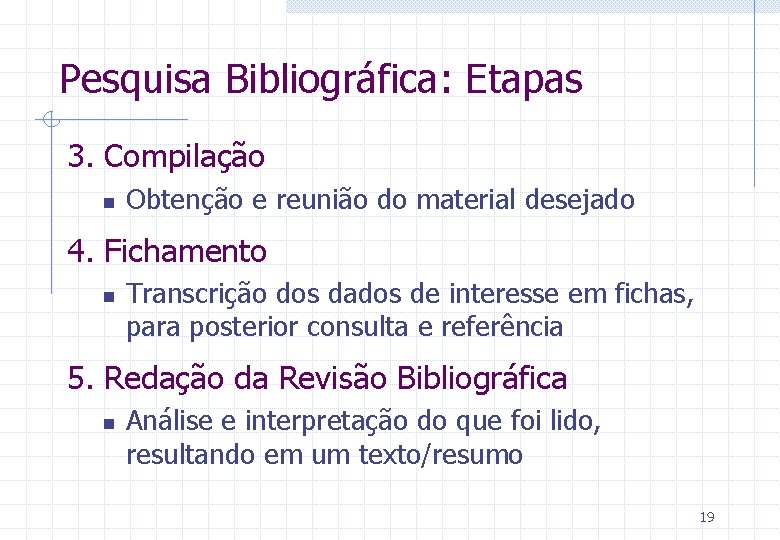 Pesquisa Bibliográfica: Etapas 3. Compilação n Obtenção e reunião do material desejado 4. Fichamento