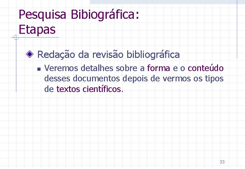 Pesquisa Bibiográfica: Etapas Redação da revisão bibliográfica n Veremos detalhes sobre a forma e