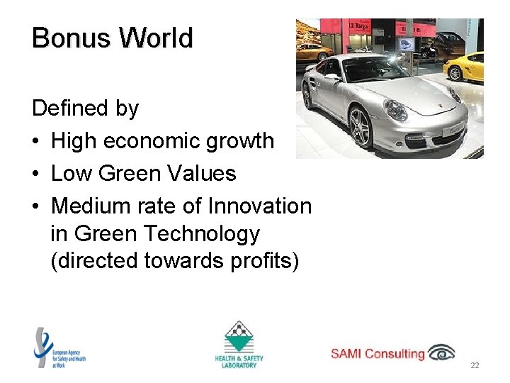 Bonus World Defined by • High economic growth • Low Green Values • Medium