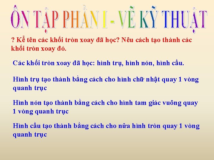 ? Kể tên các khối tròn xoay đã học? Nêu cách tạo thành các