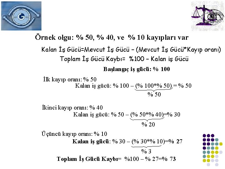 Örnek olgu: % 50, % 40, ve % 10 kayıpları var Kalan İş Gücü=Mevcut