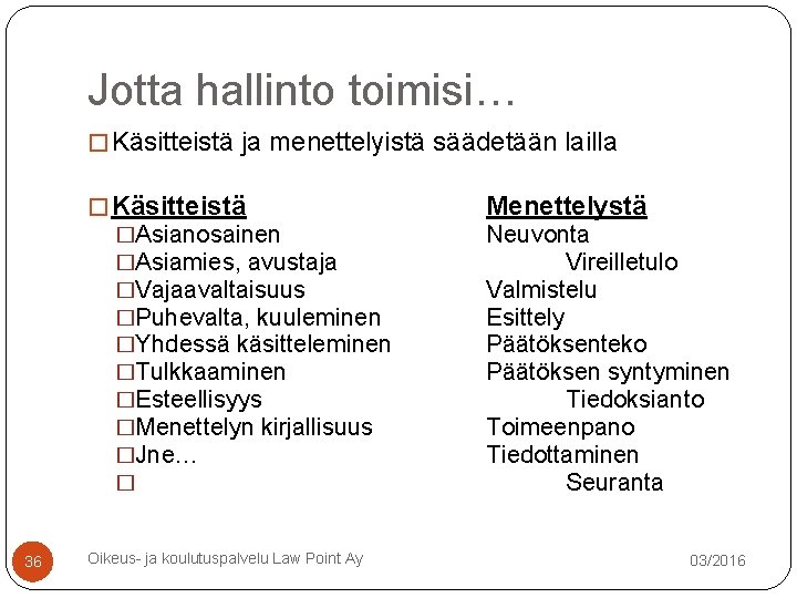 Jotta hallinto toimisi… � Käsitteistä ja menettelyistä säädetään lailla � Käsitteistä �Asianosainen �Asiamies, avustaja Jotta hallinto toimisi… � Käsitteistä ja menettelyistä säädetään lailla � Käsitteistä �Asianosainen �Asiamies, avustaja