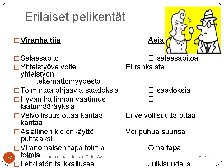 Erilaiset pelikentät � Viranhaltija � Salassapito � Yhteistyövelvoite Asiakas Ei salassapitoa Ei rankaista yhteistyön Erilaiset pelikentät � Viranhaltija � Salassapito � Yhteistyövelvoite Asiakas Ei salassapitoa Ei rankaista yhteistyön