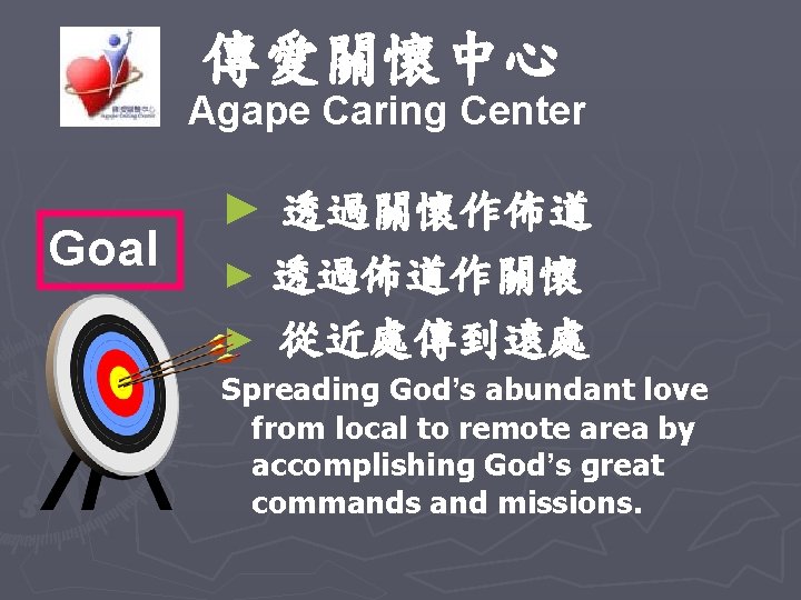 傳愛關懷中心 Agape Caring Center Goal ► 透過關懷作佈道 ► 透過佈道作關懷 ► 從近處傳到遠處 Spreading God’s abundant