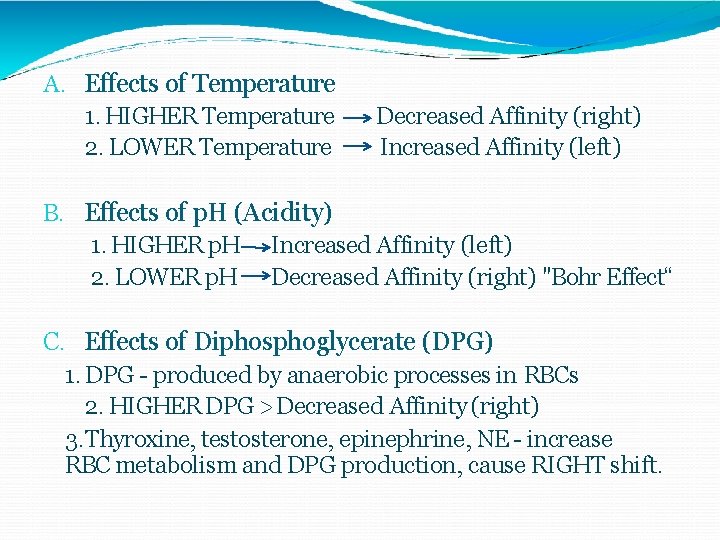 A. Effects of Temperature 1. HIGHER Temperature 2. LOWER Temperature Decreased Affinity (right) Increased