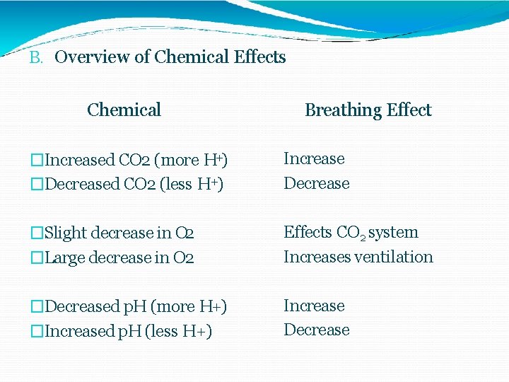 B. Overview of Chemical Effects Chemical �Increased CO 2 (more H+) �Decreased CO 2