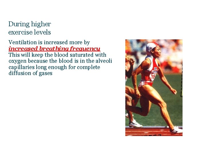 During higher exercise levels Ventilation is increased more by increased breathing frequency This will