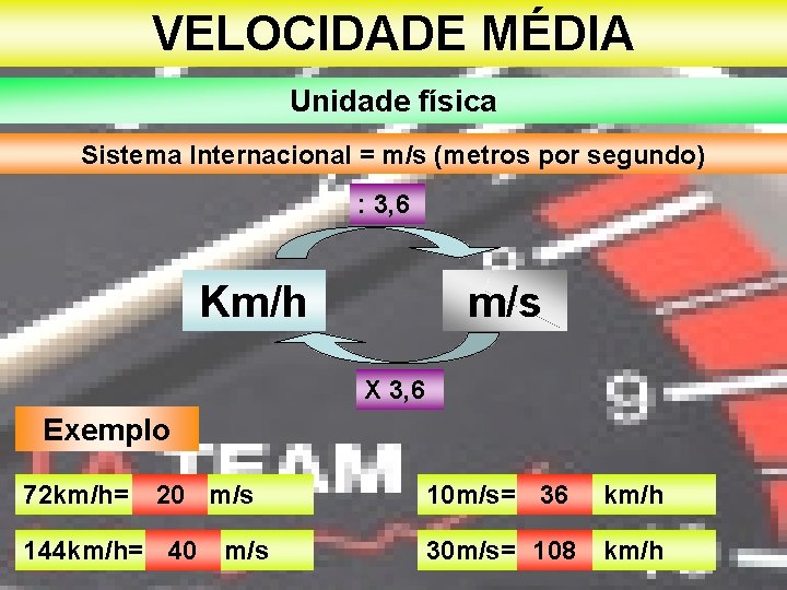 VELOCIDADE MÉDIA Unidade física Sistema Internacional = m/s (metros por segundo) : 3, 6