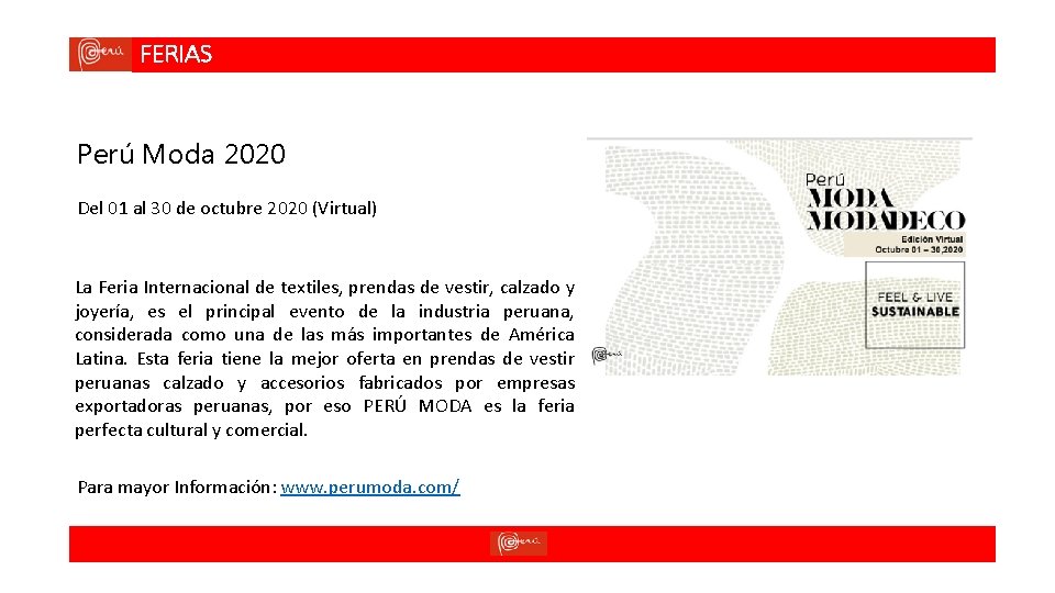 FERIAS Perú Moda 2020 Del 01 al 30 de octubre 2020 (Virtual) La Feria