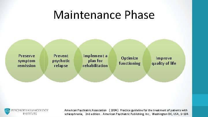 Maintenance Phase Preserve symptom remission Prevent psychotic relapse Implement a plan for rehabilitation Optimize
