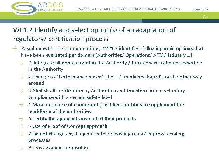 AVIATION SAFETY AND CERTIFICATION OF NEW OPERATIONS AND SYSTEMS 05 JUNE 2021 23 WP