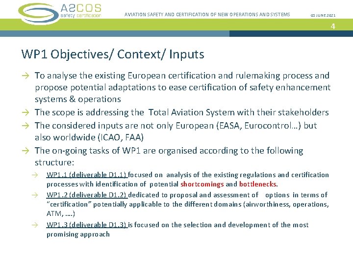 AVIATION SAFETY AND CERTIFICATION OF NEW OPERATIONS AND SYSTEMS 05 JUNE 2021 4 WP