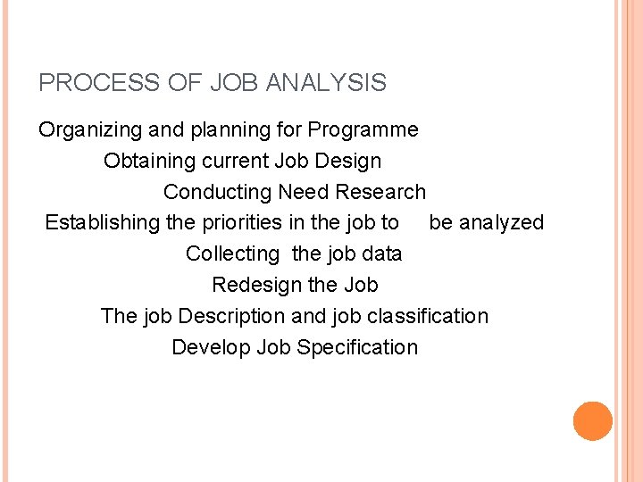PROCESS OF JOB ANALYSIS Organizing and planning for Programme Obtaining current Job Design Conducting